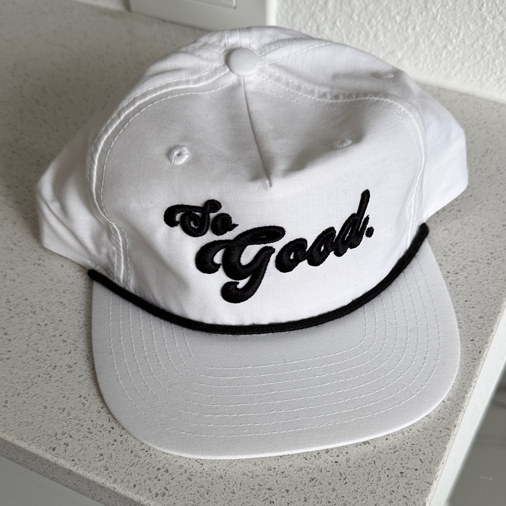 SO Good NWOT White Snap Back BallCap Hat with Black Rope